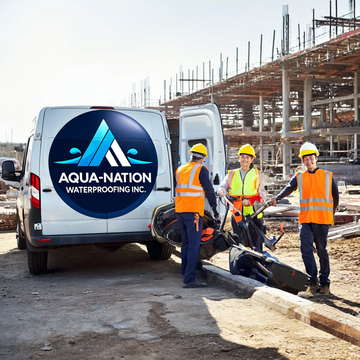 Professional construction crew arriving at a building site in bright daylight unloading tools from a branded white van with AquaNationLogo logo wearing safety vests and hard hats smiling cinematic